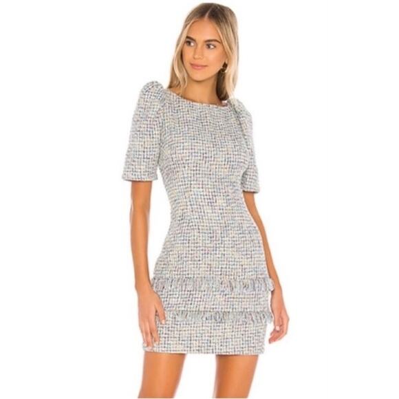 Elliatt Dress Blue Boucle Tweed Twee Classy Short Sleeve Fringe Mini Large - Picture 1 of 9